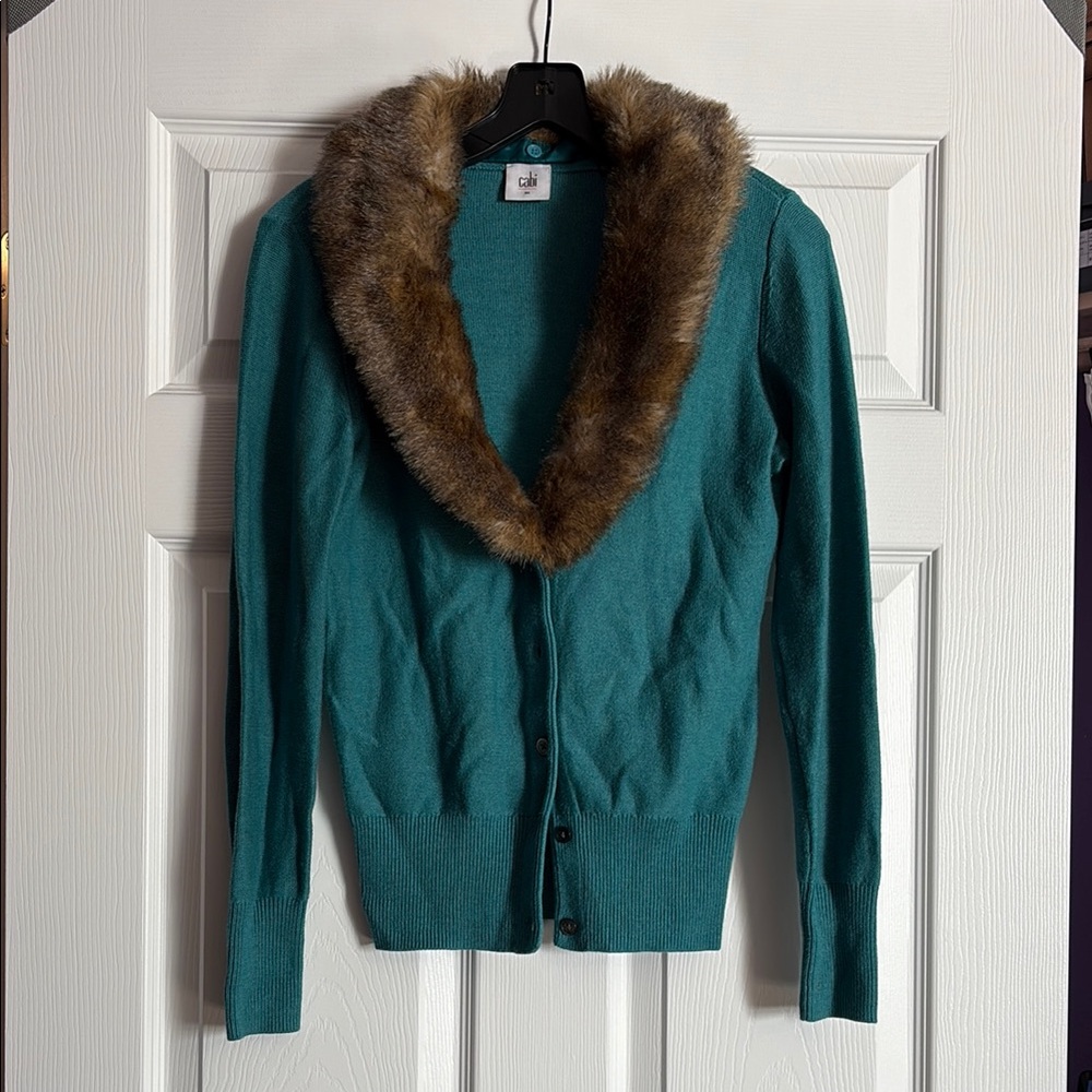 Cabi Teal Sweater with Faux Fur Collar